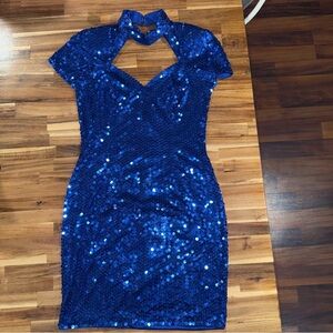 Elegant Vintage 80s or 90s Blue Sequin Dress Niteline Della Roufogali Size 12